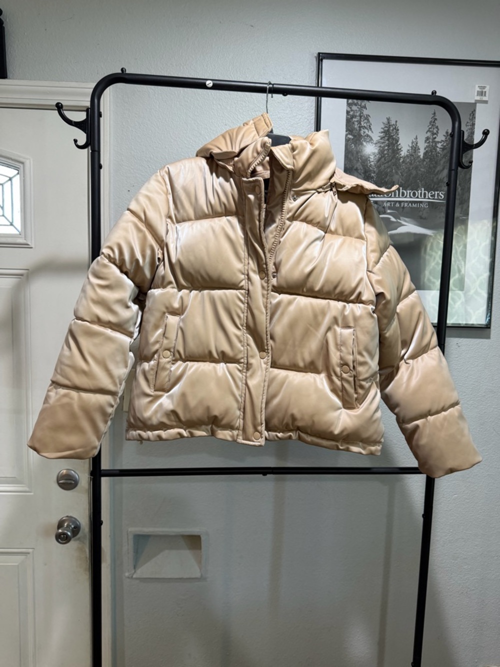 Women's Beige Puffer Ski Jacket with High Collar